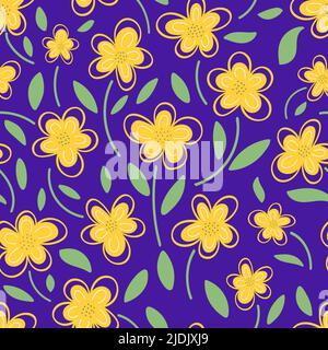 Fleurs jaunes sur fond violet. Banque D'Images