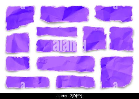 Bandes de papier déchirées violet sur fond blanc. Des morceaux de papier froissé aux couleurs réalistes avec des bords déchirés. Détruit les pages du bloc-notes. Vecteur Illustration de Vecteur