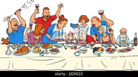 Fille fille petite-fille fête d'anniversaire, toute la famille à la table de fête Illustration de Vecteur