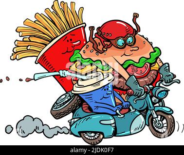 Produits de restauration rapide personnages les motards font une moto. Restaurant Road. Hamburger frites boisson cola Illustration de Vecteur