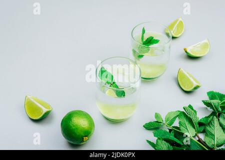 Boisson antioxydante d'été avec des tranches de citron vert et de la glace décorées avec des feuilles de menthe fraîche. Boisson fraîche rafraîchissante. Arrière-plan gris, vue de dessus, espace de copie. Banque D'Images