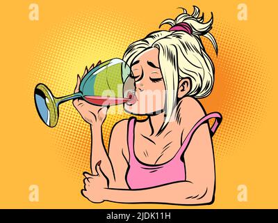 Belle femme buvant du vin rouge dans un verre. Soirée solitaire. Ennui Illustration de Vecteur