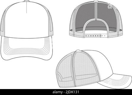 Maquette de Trucker Hat Snapback dessin technique Illustration Blank Streetwear pour Design et Tech Packs CAD Strap mesh Illustration de Vecteur