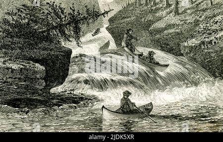 La légende de 1869 se lit comme suit : « O, la vue royale c'était des voir venir les uns après les autres sur le bord de la voie ». Un homme dans un bateau regarde comme un autre bateau avec deux personnes manœuvrent au-dessus des rapides. Banque D'Images