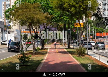 Une piste cyclable qui s'exécute sur la bande médiane de l'avenue Sumaare entourée de végétation verte tandis que la circulation normale de jour de travail passe sur les deux voies. Banque D'Images