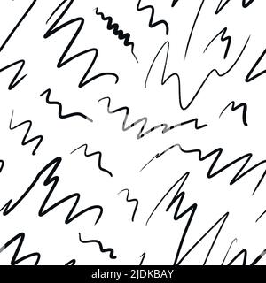 Motif abstrait noir et blanc sans couture dessiné à la main. Lignes géométriques monochromes spirales courbes de points. Pour un décor moderne et minimaliste, papier peint textile Banque D'Images