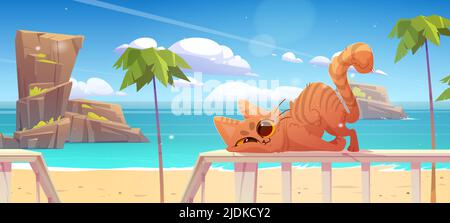 Le chat mignon frotte contre la clôture sur la terrasse en bois sur la plage. Illustration vectorielle de paysage tropical d'été avec palmiers et chatons de tabby drôle sur la main de la véranda Illustration de Vecteur