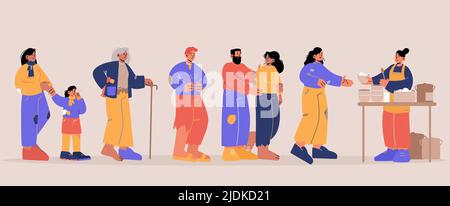 Volontaires alimentant les sans-abri. Les mamans et les mendiants sont en attente pour recevoir de la nourriture dans des logements d'urgence, une œuvre caritative de résidence temporaire pour les paupers, illustration vectorielle plate Line art Illustration de Vecteur