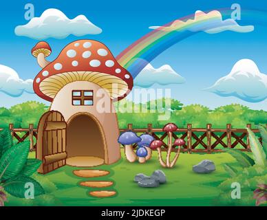 Maison aux champignons avec un arc-en-ciel dans le champ Illustration de Vecteur