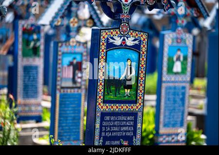 Sapanta, Maramures, Roumanie - 17 juin 2022 : monuments peints en bois bleu dans un cimetière unique au monde. Banque D'Images