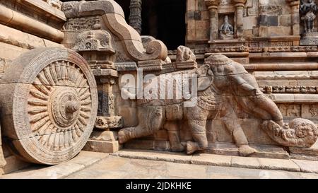 Éléphant sculpté sur les escaliers du temple d'Airavatesvara, Darasuran, Kumbakonam, Tamilnadu, Inde. Banque D'Images