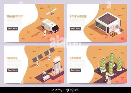 Colonisation de l'espace banderoles horizontales isométriques ensemble avec transport de l'espace maison de jardin panneaux d'énergie solaire astronautes 3D illustration vectorielle isolée Illustration de Vecteur