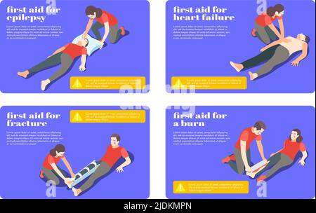 Premiers soins étapes de traitement pour l'épilepsie fracture brûlure insuffisance cardiaque 4 isométriques flashcards bannières illustration vectorielle Illustration de Vecteur