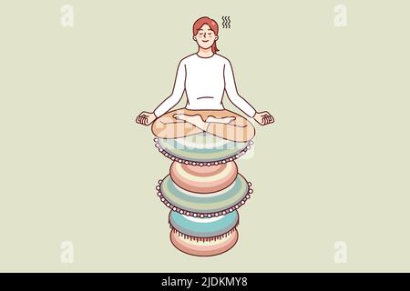 Femme calme assise sur une pile de pierres zen méditant. Pratique pacifique de la femme yoga impliqué dans la séance de méditation. Santé et paix. Illustration vectorielle. Illustration de Vecteur