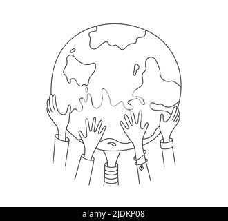 Les mains des enfants tiennent le globe. Bonne journée de la Terre. Carte dessinée à la main pour la journée mondiale des enfants. Doodle multiculturel enfants mains tenant la terre. Concept de paix Illustration de Vecteur