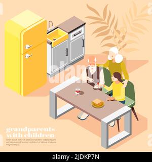 Grands-parents avec enfants vecteur isométrique illustration de famille amicale ayant le petit déjeuner dans la maison cuisine intérieur Illustration de Vecteur