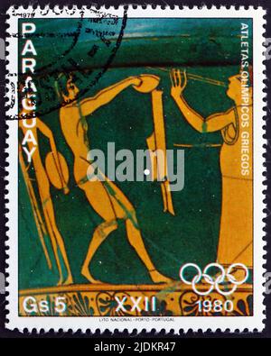 PARAGUAY - VERS 1979: Un timbre imprimé au Paraguay montre concours de lancement, peinture sur vase grec, vers 1979 Banque D'Images