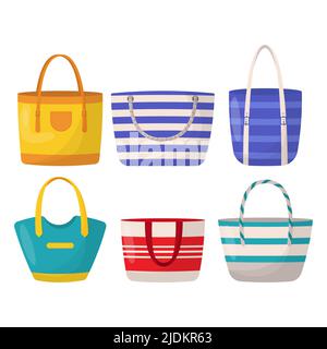 Ensemble de sacs d'été colorés pour femmes. Sacs à provisions colorés pour femmes. Illustration de Vecteur