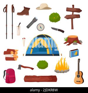 Camping et randonnée. Collection d'outils de voyage pour le camp d'été pour la survie dans la nature, tente, sac à dos, carte, hache, feu de camp et autres équipements de camping Illustration de Vecteur