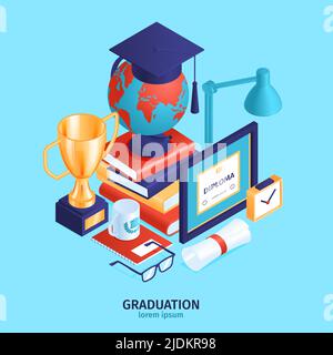 Composition isométrique de fond du diplôme de graduation avec texte modifiable et pile de divers effets d'étudiants et objets illustration vectorielle Illustration de Vecteur