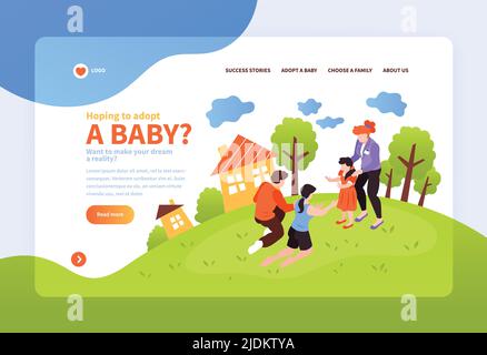Page d'accueil du site Web de la bannière du concept de garde d'adoption isométrique avec boutons de liens cliquables et illustration vectorielle de texte modifiable Illustration de Vecteur