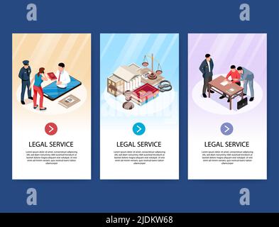 Banderoles verticales isométriques d'avocat avec images de livre et de bâtiment de cour avec des personnes et illustration de vecteur de texte Illustration de Vecteur