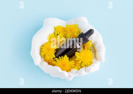 Un flacon compte-gouttes en verre brun avec du sérum, de l'huile essentielle ou un autre produit cosmétique dans des mains en plâtre décoratif blanc avec des fleurs jaunes de dandeloin. Banque D'Images