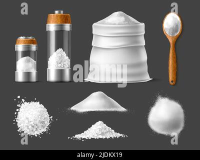 Sel réaliste. Sel de mer blanc, ingrédient naturel de cuisson, cristaux et poudre, piles vue de dessus et de côté, shaker et cuillère en bois, épices produit, 3D Illustration de Vecteur