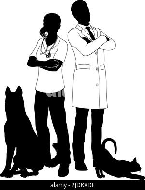 Homme et femme vétérinaires chien et chat animaux Silhouette Illustration de Vecteur