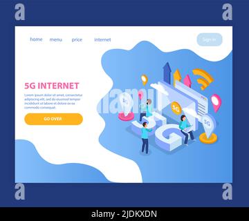 Page d'accueil isométrique avec 5g éléments Internet technologie icônes et personnes 3D illustration vectorielle Illustration de Vecteur