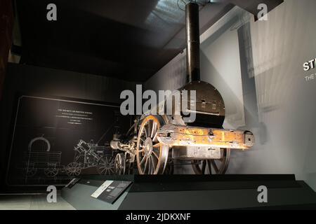 Musée du chemin de fer de porc. Le Rocket Locomotive Engine, le Rocket de Stephenson. Yorkshire, Royaume-Uni Banque D'Images