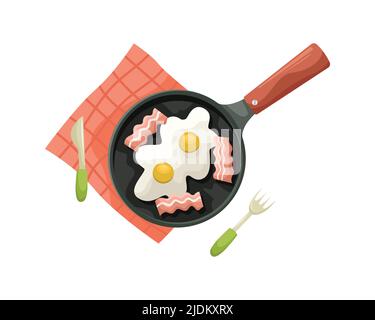 Illustration vectorielle d'œufs frits avec du bacon dans une poêle sur une nappe rouge. Petit déjeuner, cuisine. Pose à plat Illustration de Vecteur