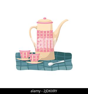 Illustration vectorielle d'une théière rétro. Une théière et deux paires de thé sur la nappe bleue. Illustration de Vecteur
