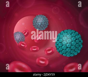 Virus composition réaliste avec vue à l'intérieur du tube de la veine humaine avec des cellules sanguines et illustration de vecteurs bactériens nocifs Illustration de Vecteur