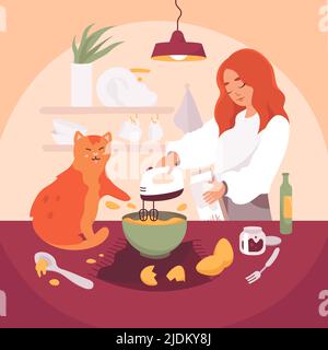 Une fille cuisine à la maison cuisine, chat assis sur une table, confiserie tenant le mélangeur électrique Illustration de Vecteur