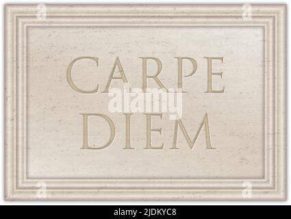 Plaque de marbre avec l'ancien proverbe latin 'CARPE DIEM', illustration Banque D'Images