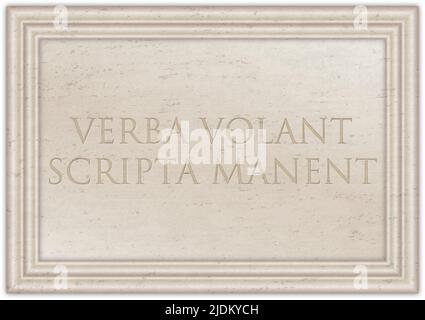 Plaque de marbre avec le proverbe LATIN antique 'RBA VVOLANT, SCRIPTA MANENT', illustration Banque D'Images