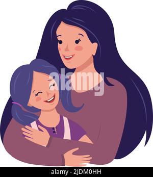 Maman embrasse sa fille. Bonne journée en famille. Amour de la mère pour l'enfant. Journée internationale de la femme. Parentalité et bienveillance. Mignon belles personnes avec des cheveux et des visages bleus. Illustration de dessin animé à plan vectoriel Illustration de Vecteur