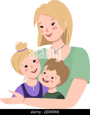 Une maman blonde épouse son fils et sa fille. Bonne journée en famille. Amour de la mère et soin des enfants. Journée internationale de maternité, journée des femmes. Des personnes avec des visages. Illustration de dessin animé à plan vectoriel Illustration de Vecteur