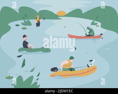 Plusieurs pêcheurs en bateau pêchent sur un lac ou une rivière. Illustration du vecteur de capture de poissons. Illustration de Vecteur