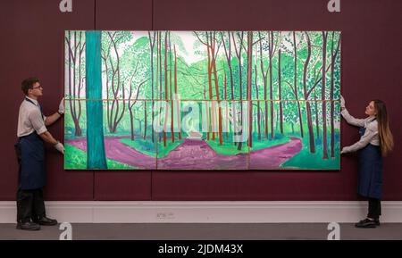 Sotheby’s, Londres, Royaume-Uni. 22 juin 2022. Aperçu de l'art britannique : l'enchère de soirée Jubilé aura lieu le 29 juin. Image : David Hockney, Woldgate Woods II, 16 et 17 mai 2006, 6 pièces, environ 10 000 000 à 15 000 000 £. Crédit : Malcolm Park/Alay Live News. Banque D'Images