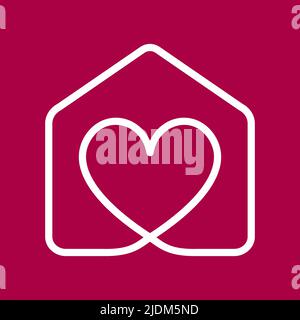 Icône maison avec ligne de coeur. Arrière-plan rouge. Le concept de la maison d'amour. Immobilier. Modèle de logo de la clinique de cardiologie. Idée de santé cardiovasculaire. Vecteur, plat Illustration de Vecteur