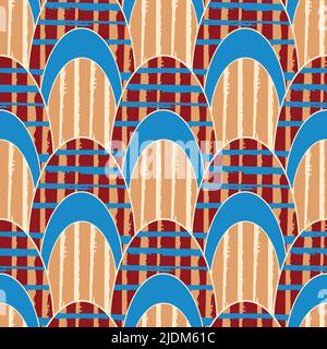 Fond de motif vectoriel sans couture à feston pointu. Motif écossais et rayures sur fond texturé de formes ovales superposées. Orange multicolore, rouge Illustration de Vecteur