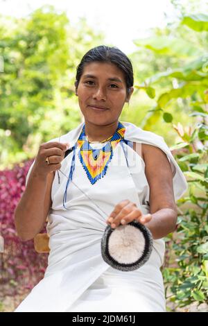 Femme indigène de la Sierra Nevada de Santa Marta dans le tissage traditionnel de vêtements regardant la caméra. Banque D'Images