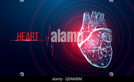 Image filaire du cœur humain. Concept de la journée mondiale du cœur. Modèle de bannière brillant faible poly. Abstrait futuriste moderne. Isolé sur fond sombre. Vecteur illu Illustration de Vecteur