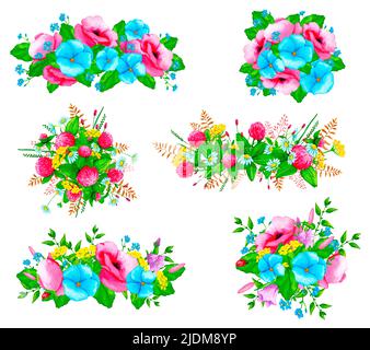 Un ensemble de compositions d'aquarelles avec des fleurs sauvages et des herbes sauvages. Éléments de conception pour cartes, invitations, affiches, imprimés en tissu, motifs, papeterie. Banque D'Images