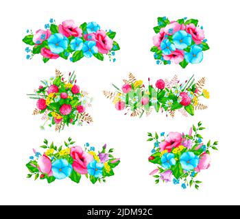 Un ensemble de compositions d'aquarelles avec des fleurs sauvages et des herbes sauvages. Éléments de conception pour cartes, invitations, affiches, imprimés en tissu, motifs, papeterie. Banque D'Images