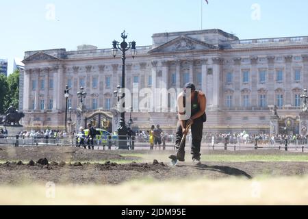 Un jardinier détourne le sol à l'extérieur de Buckingham Palace à Londres. Date de la photo: Mercredi 22 juin 2022. Banque D'Images