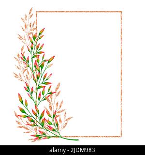 Cadre doré rectangulaire aquarelle avec branches vertes et dorées. Illustration botanique. Modèle pour mariage, anniversaire, anniversaire. Banque D'Images