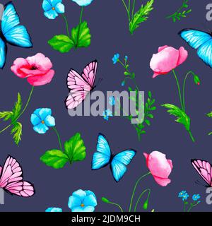 Motif sans couture. Fleurs et papillons aquarelles sur fond sombre. Coquelicots, Forget-me-nots, pansies. Conception pour l'emballage du papier, du tissu. Banque D'Images